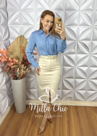 Camisa Nívea Em Viscose Acetinada - Azul - Milla Chic