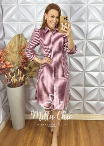 Chemise Itália Listras em Tricoline - Vermelho - Milla Chic