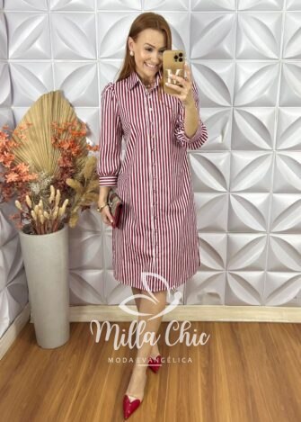 Chemise Itália Listras em Tricoline - Vermelho - Milla Chic