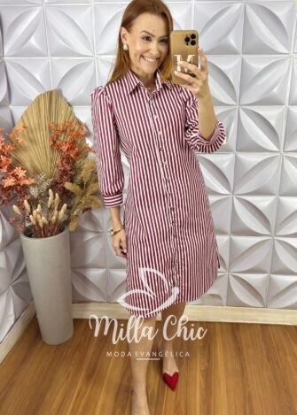 Chemise Itália Listras em Tricoline - Vermelho - Milla Chic