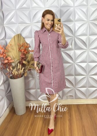 Chemise Itália Listras em Tricoline - Vermelho - Milla Chic
