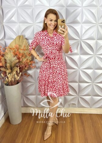 Chemise Pérola Em Viscolinho Póa - Vermelho - Milla Chic