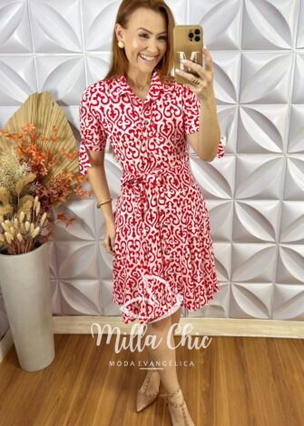 Chemise Pérola Em Viscolinho Póa - Vermelho - Milla Chic
