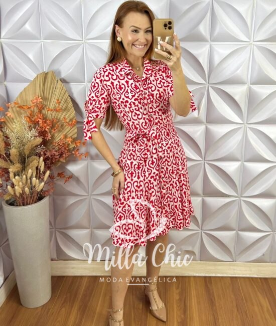 Chemise Pérola Em Viscolinho Póa - Vermelho - Milla Chic