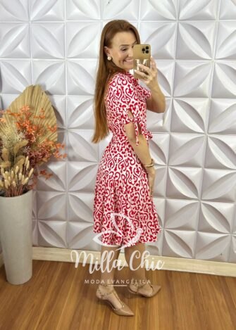 Chemise Pérola Em Viscolinho Póa - Vermelho - Milla Chic