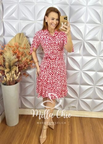 Chemise Pérola Em Viscolinho Póa - Vermelho - Milla Chic
