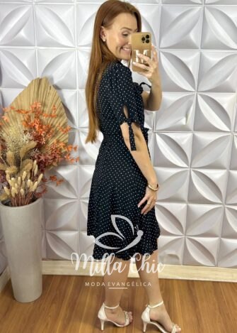 Chemise Pérola Em Viscolinho Póa - Azul Marinho - Milla Chic