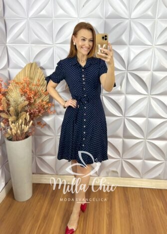 Chemise Pérola Em Viscolinho Póa - Azul Marinho - Milla Chic