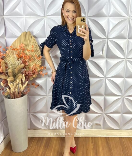 Chemise Pérola Em Viscolinho Póa - Azul Marinho - Milla Chic