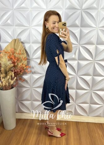Chemise Pérola Em Viscolinho Póa - Azul Marinho - Milla Chic