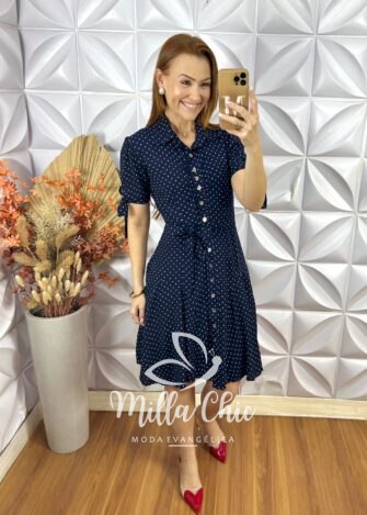 Chemise Pérola Em Viscolinho Póa - Azul Marinho - Milla Chic