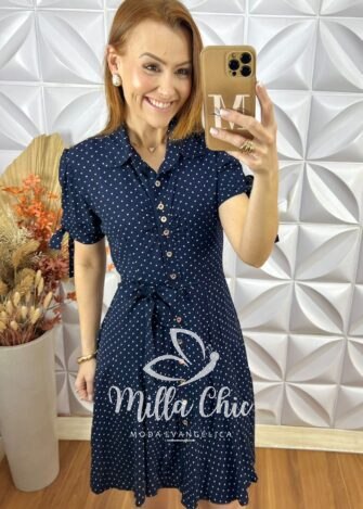 Chemise Pérola Em Viscolinho Póa - Azul Marinho - Milla Chic