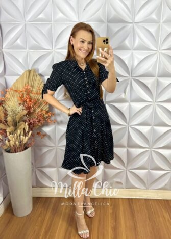 Chemise Pérola Em Viscolinho Póa - Azul Marinho - Milla Chic