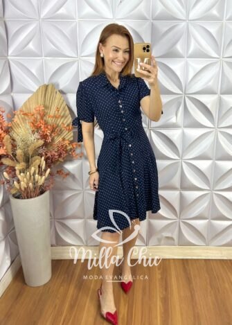 Chemise Pérola Em Viscolinho Póa - Azul Marinho - Milla Chic