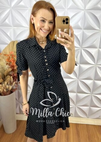 Chemise Pérola Em Viscolinho Póa - Azul Marinho - Milla Chic