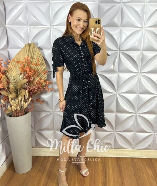 Chemise Pérola Em Viscolinho Póa - Azul Marinho - Milla Chic