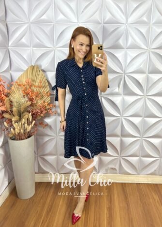 Chemise Pérola Em Viscolinho Póa - Azul Marinho - Milla Chic
