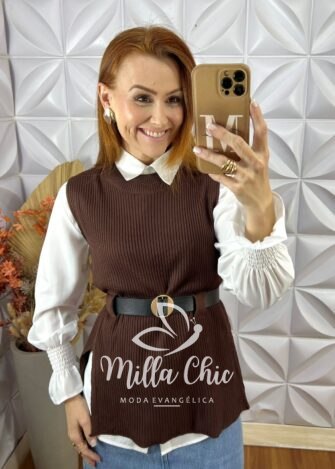 Conjunto Celinha Camisa E Colete Tricot - Bege - Milla Chic