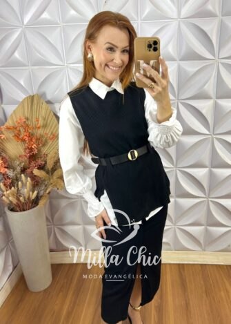 Conjunto Celinha Camisa E Colete Tricot - Bege - Milla Chic
