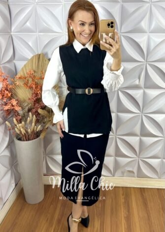 Conjunto Celinha Camisa E Colete Tricot - Bege - Milla Chic