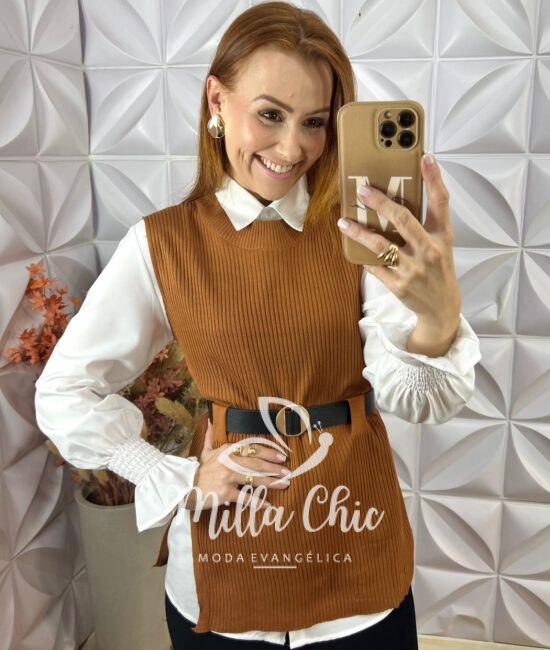 Conjunto Celinha Camisa E Colete Tricot - Bege - Milla Chic