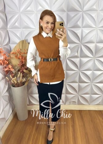 Conjunto Celinha Camisa E Colete Tricot - Bege - Milla Chic