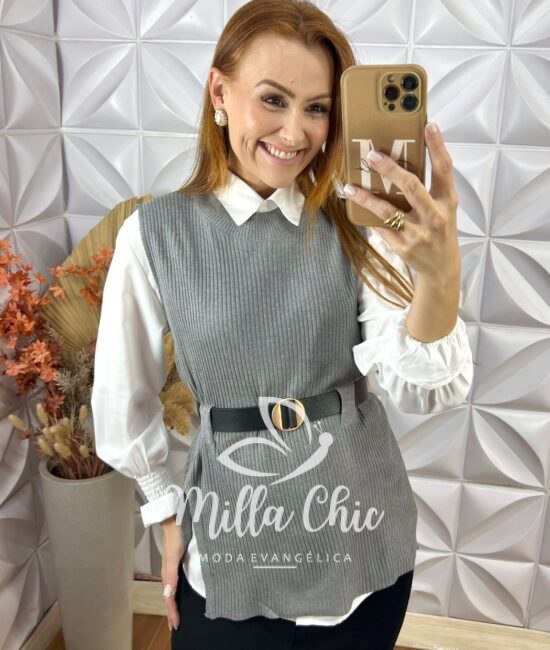 Conjunto Celinha Camisa E Colete Tricot - Bege - Milla Chic