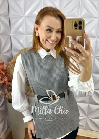 Conjunto Celinha Camisa E Colete Tricot - Bege - Milla Chic