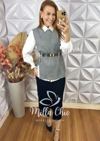 Conjunto Celinha Camisa E Colete Tricot - Bege - Milla Chic
