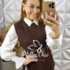 Conjunto Celinha Camisa E Colete Tricot - Bege - Milla Chic