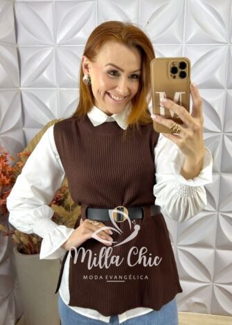 Conjunto Celinha Camisa E Colete Tricot - Bege - Milla Chic
