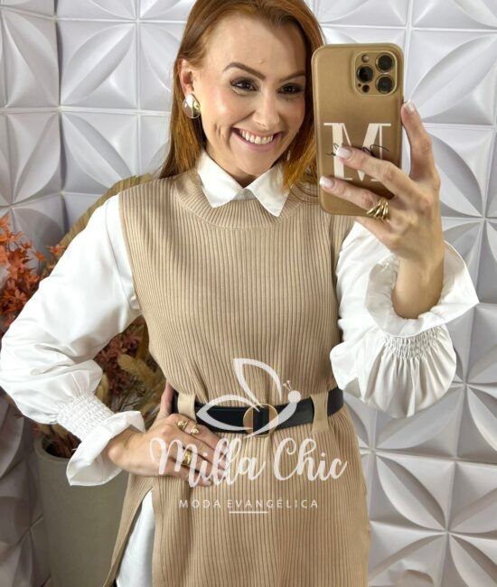 Conjunto Celinha Camisa E Colete Tricot - Bege - Milla Chic