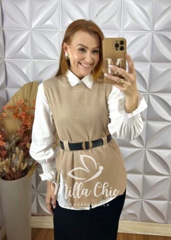 Conjunto Celinha Camisa E Colete Tricot - Bege - Milla Chic