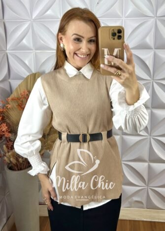 Conjunto Celinha Camisa E Colete Tricot - Bege - Milla Chic