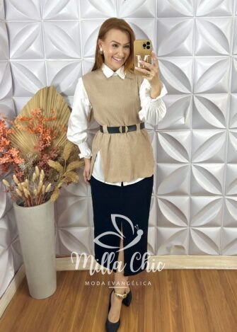 Conjunto Celinha Camisa E Colete Tricot - Bege - Milla Chic