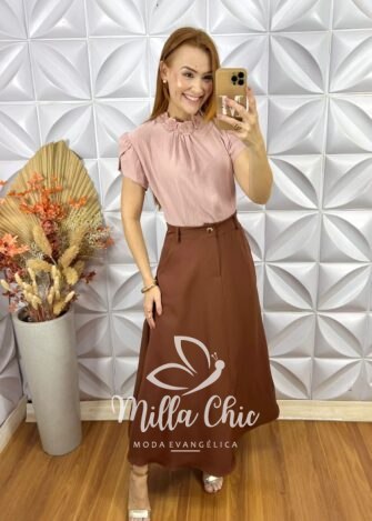 Saia Gioconda Em Alfaiataria - Marrom - Milla Chic