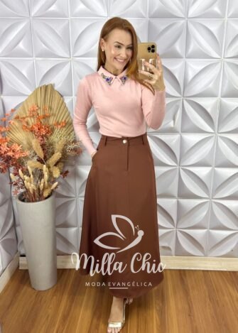 Saia Gioconda Em Alfaiataria - Marrom - Milla Chic