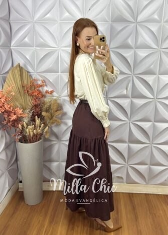 Saia Janete Em Linho  - Marrom - Milla Chic