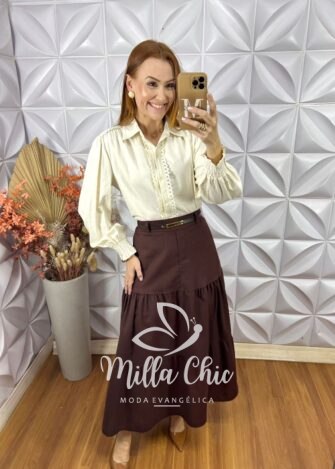Saia Janete Em Linho  - Marrom - Milla Chic