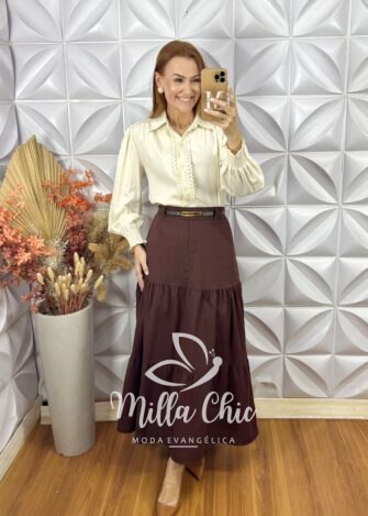 Saia Janete Em Linho  - Marrom - Milla Chic