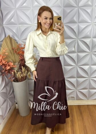 Saia Janete Em Linho  - Marrom - Milla Chic