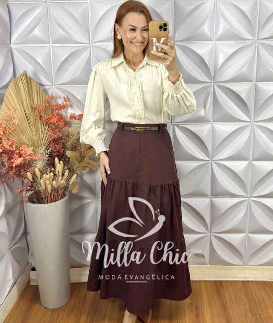 Saia Janete Em Linho  - Marrom - Milla Chic