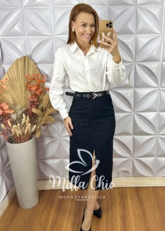 Saia Judite Risca De Giz - Branca - Milla Chic