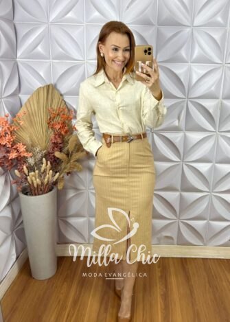 Saia Judite Risca De Giz - Bege - Milla Chic