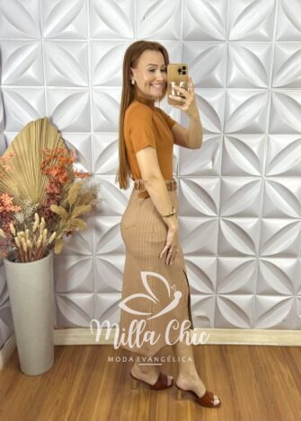 Saia Judite Risca De Giz - Marrom - Milla Chic