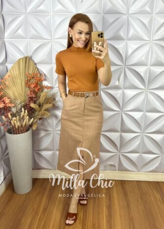 Saia Judite Risca De Giz - Marrom - Milla Chic