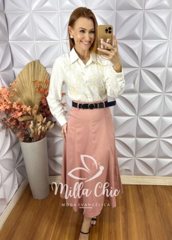 Saia Justine Em Alfaiataria - Rosa - Milla Chic