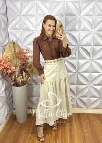 Saia Janete Em Linho  - Areia - Milla Chic