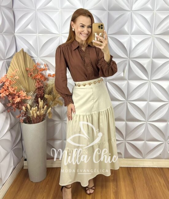 Saia Janete Em Linho  - Areia - Milla Chic