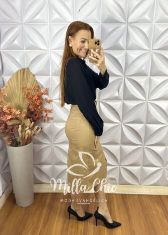 Saia Lisandra Em Sarja - Bege - Milla Chic